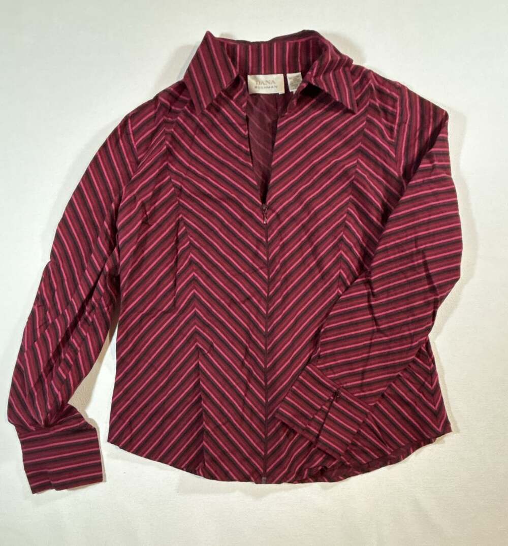 Dana Buchman Women's Long Sleeve V-Neck Zipper Front Chevron Stripe Blouse